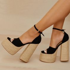 Don't Settle For Simply Elevated, Raise Your Style Score Twice As High With These Double Platform Heels! Summery, Woven Raffia Forms A Platform Sole, A Wide Toe Band, And A Wrapped, Contoured Block Heel. A Slender Ankle Strap (With Gold Buckle) Rises From The Sturdy Heel Cup To Complete The Look. Lightly Cushioned Insole. Condition: Brand New Color: Black Heel Height: 6.25" (Approx) Platform Height: 2.5" Fit: True To Size Us (M) Black Slingback Heels, Party High Heels, Aldo Heels, Purple Heels, Gucci Heels, Beige Heels, Woven Raffia, Black Heel, Chunky Block Heels