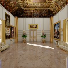 an ornate room with paintings on the walls