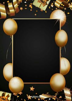 a black background with gold balloons and streamers, confetti and star decorations