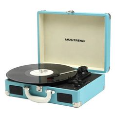 a blue suitcase with a record player in it