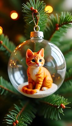 a glass ornament with a cat inside of it on a christmas tree branch