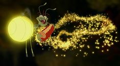 a cartoon character is holding a glowing ball in the air with his arms and legs