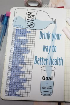 a notebook with a water bottle on it next to some pens and pencils,