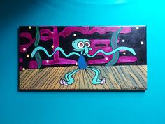 a painting on a blue wall that has an octopus in it's arms and legs