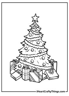 a christmas tree with presents under it and the words merry written in black ink on white paper