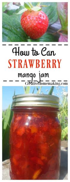 a jar filled with strawberry jam sitting on top of a table