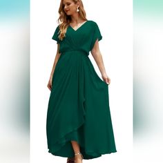 Nwot About This Item Chiffon Imported Zipper Closure Hand Wash Only Evening Short Sleeve Chiffon Maxi Dress, Green Chiffon Maxi Dress For Evening, Flowy Skirt Dress For Wedding Guest, Chiffon V-neck Midi Dress For Wedding Guest, Green Chiffon Evening Dress For Wedding Guest, Flowy Maxi Evening Dress For Wedding Guest, Summer V-neck Chiffon Gown, Summer Chiffon V-neck Gown, Summer Chiffon Gown With V-neck