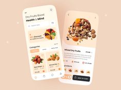 two smartphones with food on them, one showing nuts and the other displaying an app for