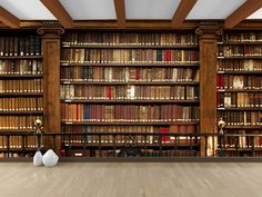 an empty library with bookshelves and vases on the floor in front of them