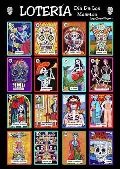 a poster with pictures of skeletons in different colors and designs on the front, along with words that read loteria dia de los muertos