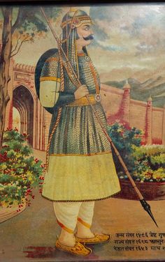 Maharana Pratap holding spear in his hand and shield at their back महाराणा प्रताप, Rajasthani Miniature Paintings, Holding Spear, Rajputi Culture, Ranjit Singh, Traditional Literature, Ancient Indian History