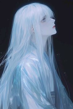 a woman with long white hair and blue eyes