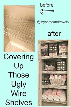 the before and after shots of a shelving unit with towels, toiletries and other items in it