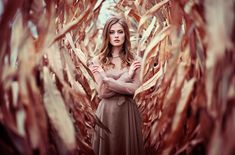 a woman is standing in front of some dried corn stalks with her hands on her hips