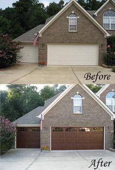 before and after photos of a brick house with garage doors painted brown in the same color