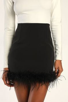 Slip into the Lulus Celebratory Sweetie Black Feather Mini Skirt and raise a glass to your excellent taste! Lightweight woven fabric shapes this chic skirt that has a high-waisted fit with a figure-skimming, A-line silhouette. Feather-trimmed, mini hem creates an ultra cute look! Hidden side zipper/clasp. Pair with the matching blazer for a complete look! Fit: This garment fits true to size. Length: Mid-thigh. Size medium measures 14.75" from waist to hem. Waist: Fitted - very fitted at natural Feather Mini Skirt, Chic Skirt, Feather Skirt, Chic Skirts, Lulu Fashion, Spring Skirts, Winter Skirt, Ostrich Feather, Fall Skirts