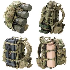 three different types of backpacks with multiple compartments and straps on the front, side, and back