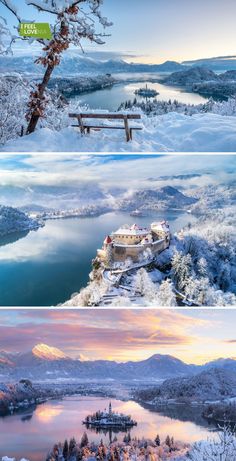 three different views of the snow covered mountains and lake in winter, from top to bottom