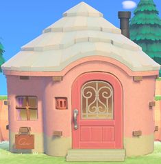 a small pink house with a door and window