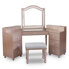 Traditional elegance blends with contemporary amenities come together in this transitional vanity set featuring table, mirror, and seat. Fashioned in a delightful rose gold, it features a majestic camelback mirror with LED lighting, a tabletop with 8mm tempered glass, and nine storage drawers angled inward. The two-tone padded stool completes this sensational set that's perfect for any bedroom or guest room. Furniture of America 74.38-in Tiffany Blush Makeup Vanity in Pink | IDF-DK5686PK Wooden Bedroom Set, Padded Stool, Vanity Benches, Transitional Vanity, Wooden Vanity, Wooden Bedroom, Vanity Stool, Acme Furniture, Led Vanity