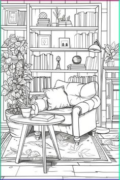 a drawing of a living room with bookshelves