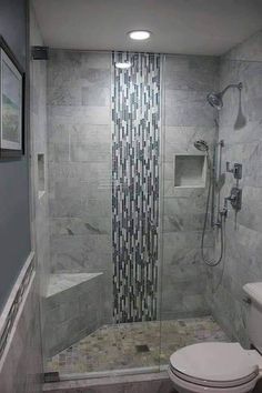 a walk in shower sitting next to a toilet and bathtub under a light fixture