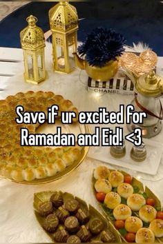 some food is on a table with candles and other items in the background that says save if