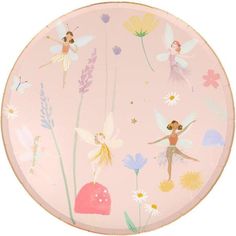 a pink plate with tinkerbells and flowers on it