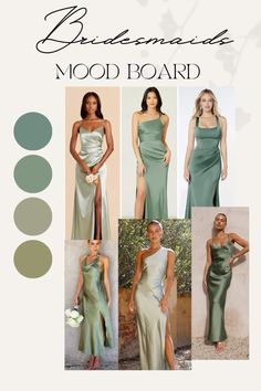 a woman in a green dress with four different color options for the bridesmaid