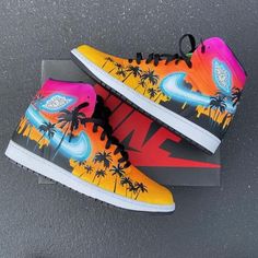 Custom Air Jordan 1 Hand Painted Glowing Miami Palm Trees – insdrip Miami Palm Trees, Custom Jordan Shoes, Mode Tennis, Custom Air Jordan 1, Jordan 1 Mids, Calm Space, Sonic Videos, Custom Sneakers Diy, Painted Nikes