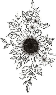 a black and white drawing of a sunflower with leaves on it's side