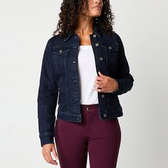 The Liz Claiborne denim jacket is a versatile and essential piece for any wardrobe.The lightweight fabric makes it perfect for layering throughout the seasons.Closure Type: ButtonNeckline: Collar NeckPockets: 2 Chest Button Pockets, 2 Side Slip PocketsSleeve Length: Long SleeveWarmth Factor: LightweightOuterwear Length: ShortFiber Content: 75% Cotton, 23% Polyester, 2% SpandexFabric Description: DenimCoat Style: Denim JacketsCollar: Spread CollarCare: Machine WashCountry of Origin: Imported Fitted Casual Utility Jacket For Everyday, Everyday Fitted Denim Blue Jacket, Fitted Casual Denim Jacket For Work, Fitted Cotton Denim Jacket For Everyday, Dark Wash Fitted Denim Jacket For Everyday, Fitted Dark Wash Denim Jacket For Everyday, Everyday Fitted Dark Wash Denim Jacket, Fitted Dark Wash Denim Jacket, Fitted Dark Wash Cotton Denim Jacket