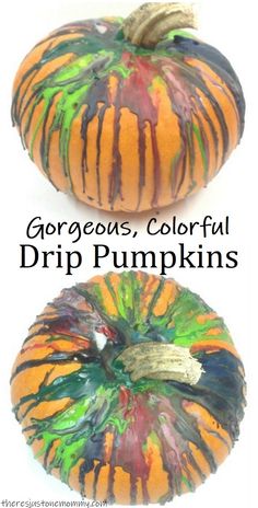 two pumpkins painted with different colors and designs