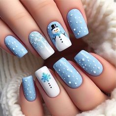 Christmas Nails Very Short, Christmas Nail Art Blue, Short Nail Designs Winter Holidays, Blue Snowman Nails, Blue Nails Ideas Simple, Snow Nails Winter Blue