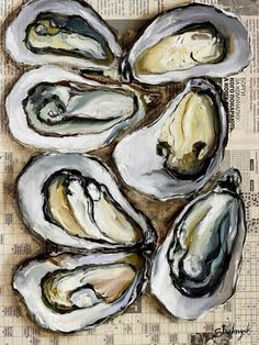 an oil painting of oysters on newspaper