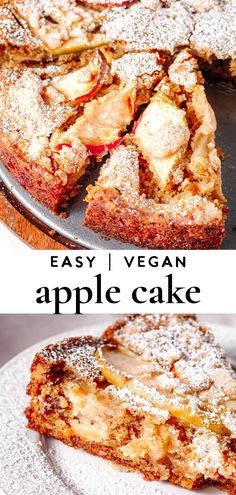 an easy vegan apple cake with powdered sugar on top is cut into slices