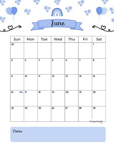 the june calendar with balloons and stars