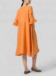 Linen Ruffle Sleeves Long Dress - Plus Size Relaxed Fit Dress With Ruffle Hem For Daywear, Knee-length Ruffled Dresses With Relaxed Fit, Knee-length Dresses With Ruffles And Relaxed Fit, Relaxed Fit Midi Dress With Ruffles, Relaxed Fit Knee-length Dresses With Ruffles, Relaxed Fit Knee-length Ruffled Dresses, Relaxed Fit Midi Dress With Ruffles For Daywear, Relaxed Fit Linen Ruffle Dress, Casual Midi Linen Dress With Ruffles