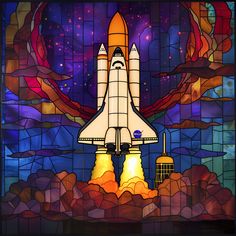 a stained glass window with a space shuttle on it