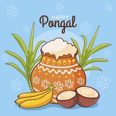 happy pongal with bananas and coconuts