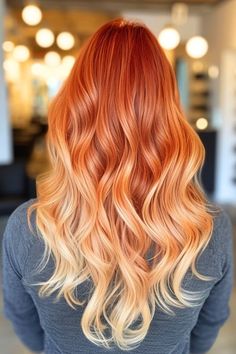 Orange And Blonde Hair Color, Ginger Balayage Copper Strawberry Blonde Ombre Hair, Vibrant Copper Red Hair, Red Hair With Blonde Ends, Summer Color Hair Ideas, Copper To Blonde Balayage, Red And Blonde Ombre, Red To Blonde Balayage