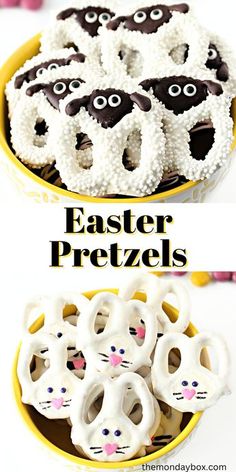 easter pretzels in the shape of cats and rabbits on a yellow plate with text overlay