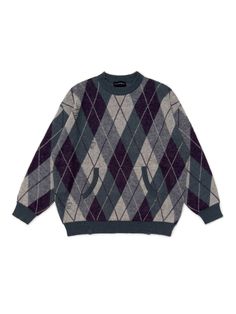 MASONPRINCE nylon-blend sweater, Jacquard argyle pattern throughout, rib knit crewneck/hem/cuffs, kangaroo pocket, logo patch at back. Composition - 45% Nylon, 38% Acrylic, 11% Wool, 6% Mohair Sizing: US/EU Regular Fit Model: 186cm/60kg 6’1/132lbs wearing size L Jacquard Knit Crew Neck Outerwear, Winter Argyle Pattern Crew Neck Sweater, Crew Neck Sweater With Pockets For Streetwear, Gray Crew Neck Sweater With Pockets, Casual Argyle Pattern Crew Neck Sweater, Y2k Party, Y2k Necklace, Baby Tees Y2k, Y2k Baby Tee