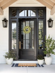 a black front door with two potted plants