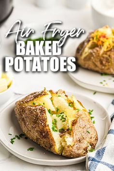 baked potatoes on plates with text overlay that reads air fryer baked potatoes