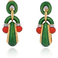 David Webb - 18K Yellow Gold Coral, Green Enamel And Diamond Door Knocker Earrings Door Knocker Earrings, Hue Color, Gold Frames, David Webb, Yellow Jewelry, Yellow Rings, Golden Earrings, Door Knocker, Green Enamel