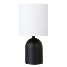 a black table lamp with a white shade on the top and bottom part of it