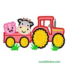 a cartoon cow riding on the back of a red tractor with two pigs in it