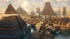 an artist's rendering of a futuristic city with pyramids and other buildings in the foreground