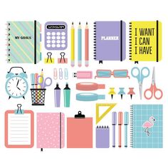 an assortment of stationery items including notebooks, pens, scissors and pencils